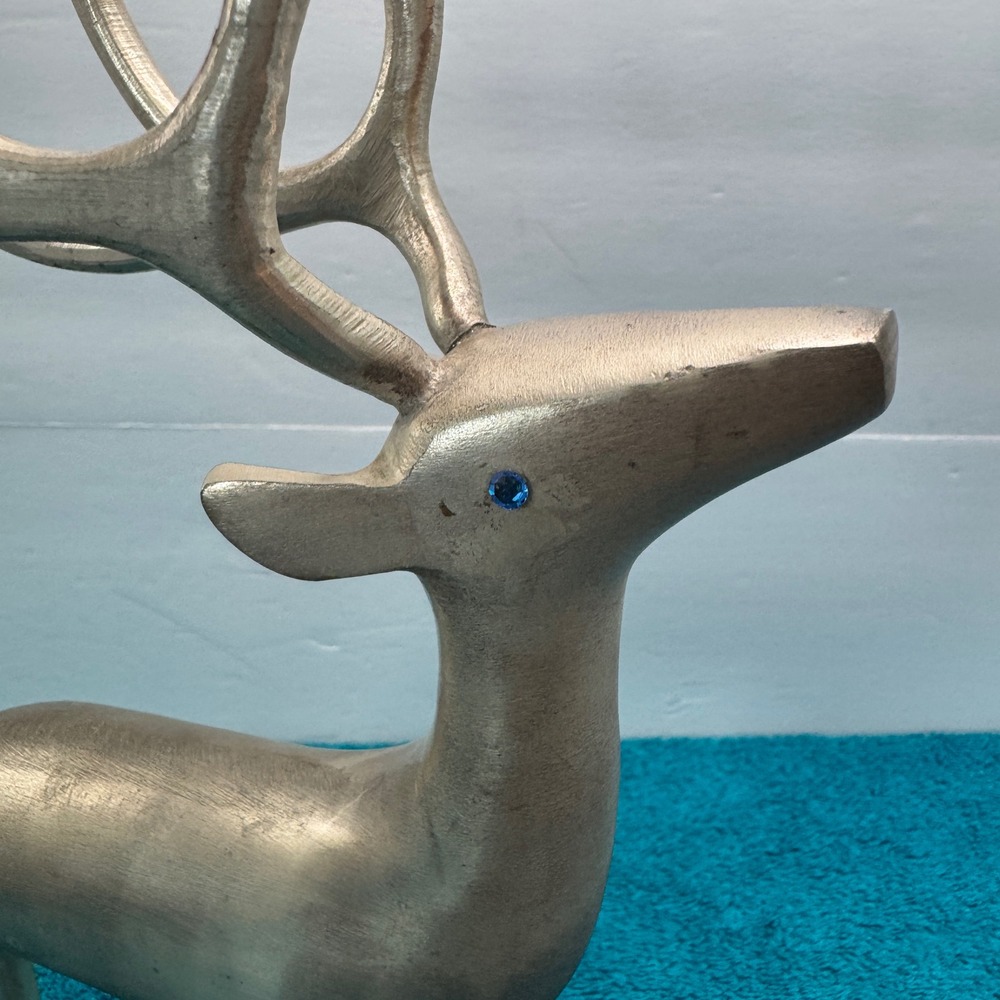 Vintage Silver Metal Reindeer Candelabra 6 Antler Taper Candle Holder Blue Eyes - Picture 10 of 12